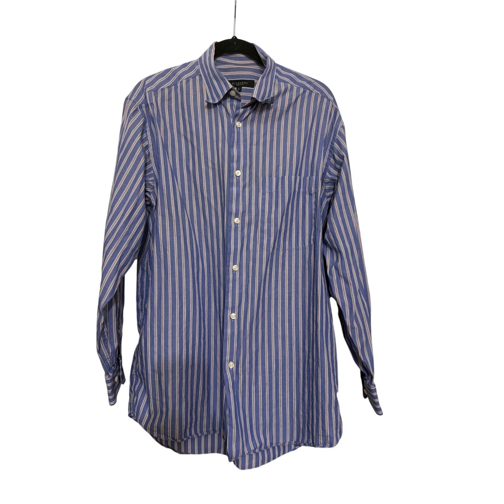 Richards Made in Italy‎ Mens Large Blue White Tan Striped Button Down Shirt L/S